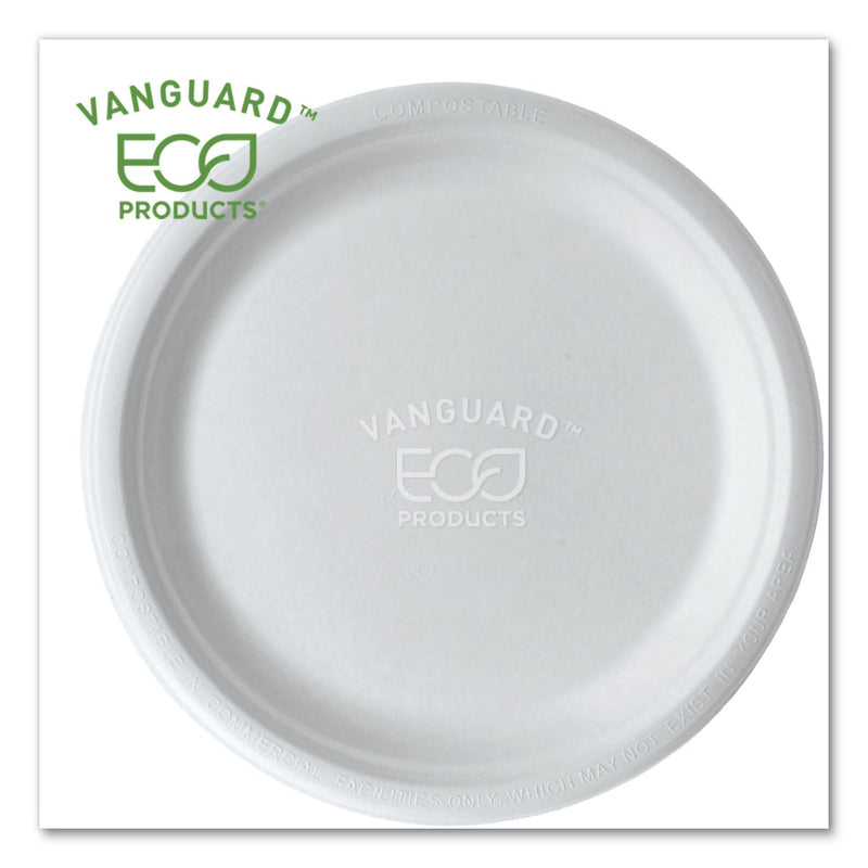 Eco-Products Vanguard Renewable and Compostable Sugarcane Plates, 10" dia, White, 500/Carton