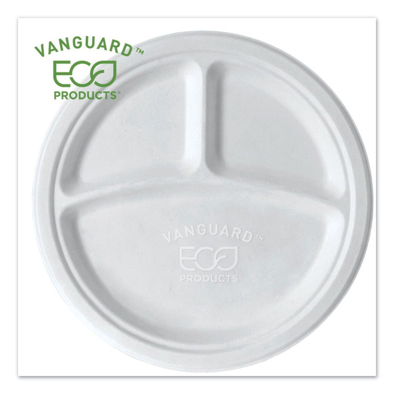 Eco-Products Vanguard Renewable and Compostable Sugarcane Plates, 3-Compartment, 10" dia, White, 500/Carton