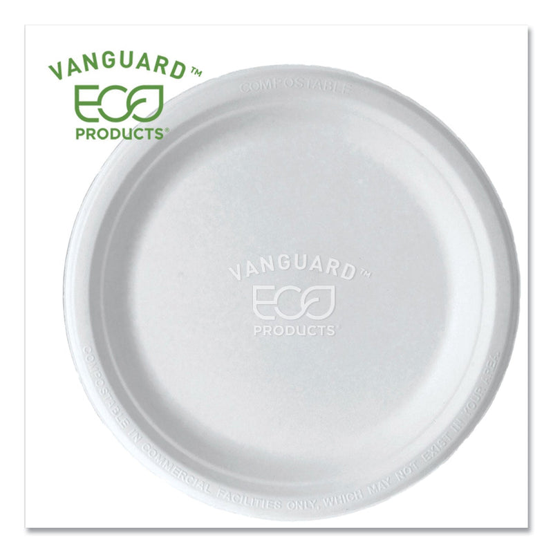 Eco-Products Vanguard Renewable and Compostable Sugarcane Plates, 9" dia, White, 500/Carton