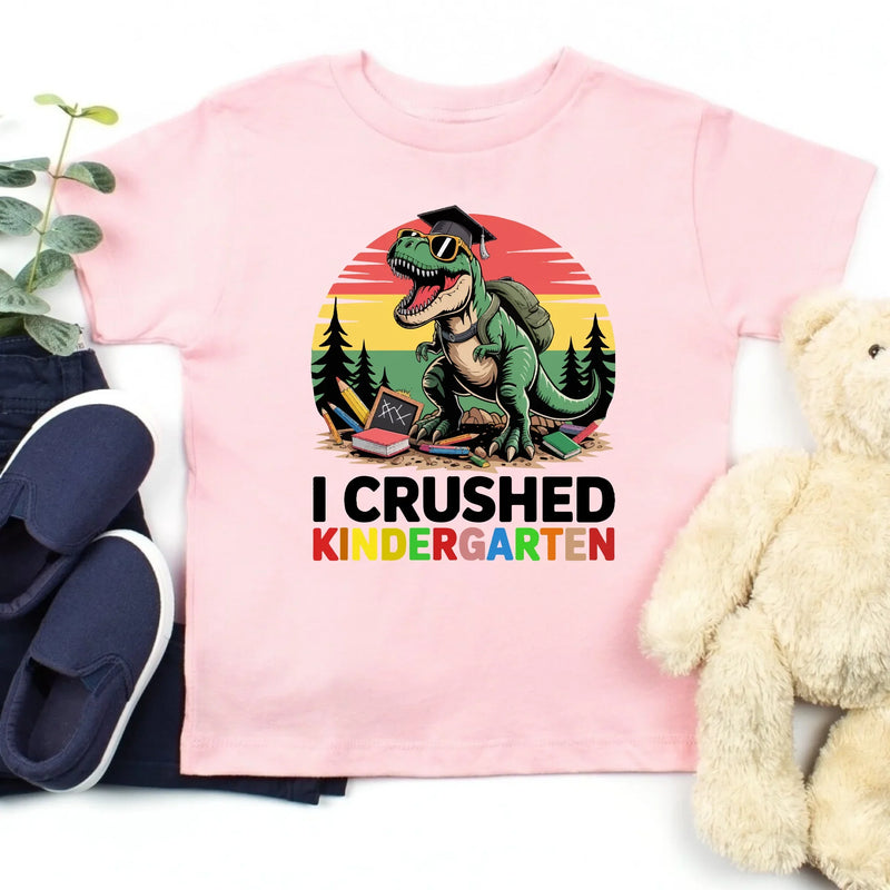 I Crushed Kindergarten T-Rex Dinosaur Graduation T-Shirt for Kids