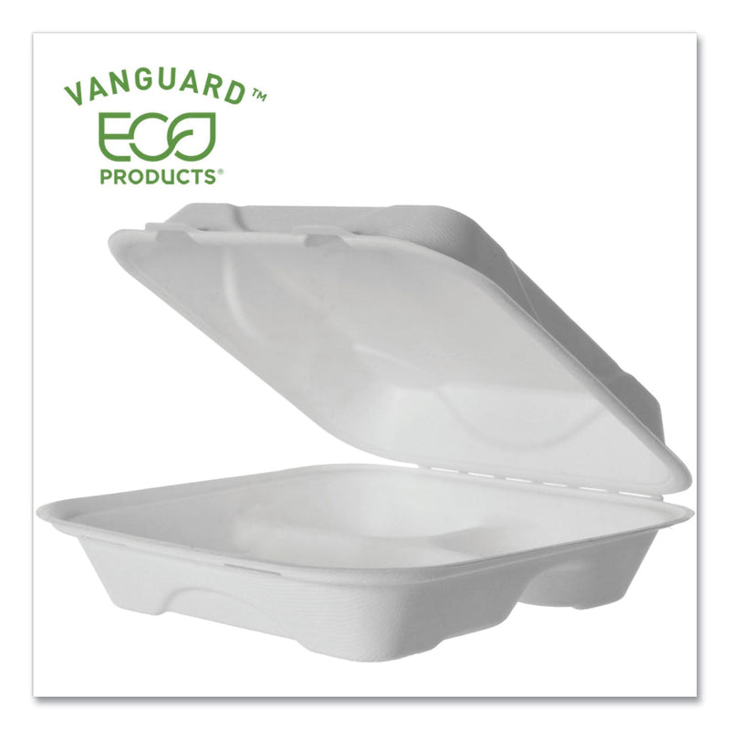 Eco-Products Vanguard Renewable and Compostable Sugarcane Clamshells, 3-Compartment, 9 x 9 x 3, White, 200/Carton