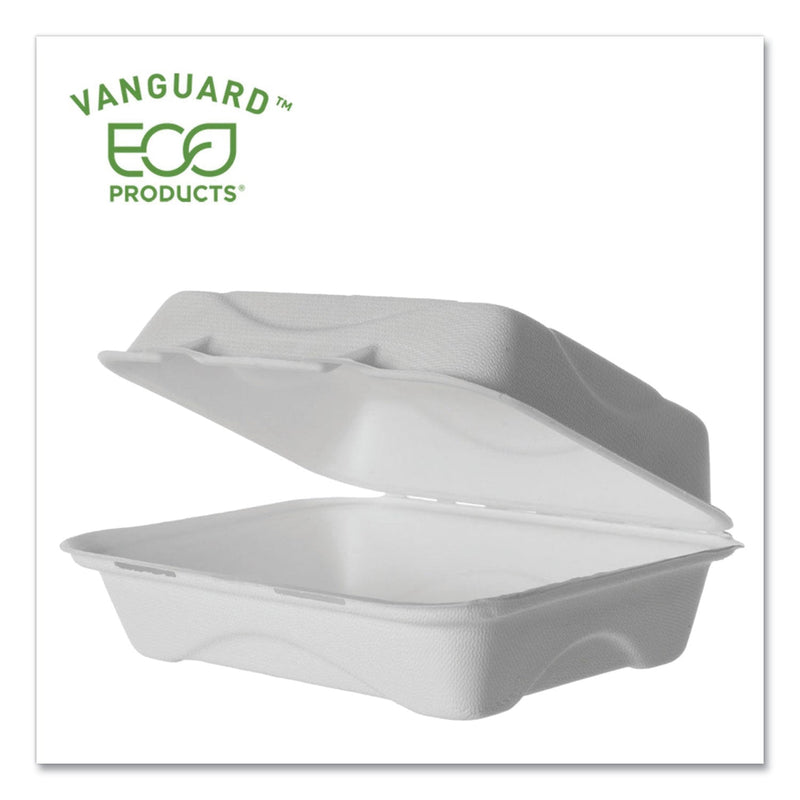 Eco-Products Vanguard Renewable and Compostable Sugarcane Clamshells, 1-Compartment, 9 x 6 x 3, White, 250/Carton