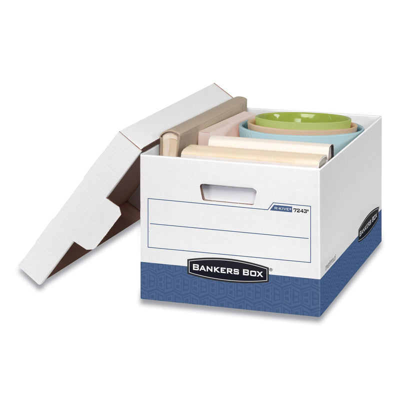 Bankers Box R-KIVE Heavy-Duty Storage Boxes, Letter/Legal Files, 12.75" x 16.5" x 10.38", White/Blue, 4/Carton