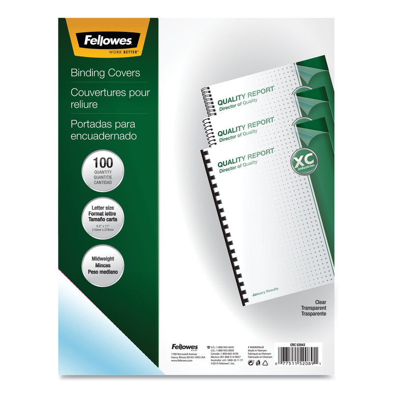 Fellowes Crystals Transparent Presentation Covers for Binding Systems, Clear, with Square Corners, 11 x 8.5, Unpunched, 100/Pack
