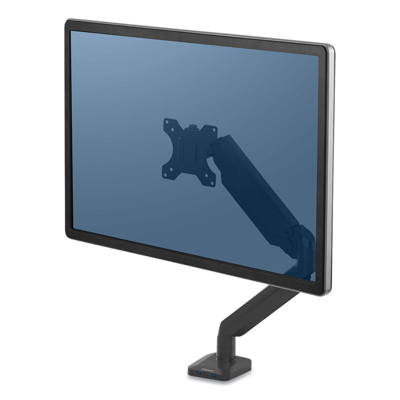 Fellowes Platinum Series Single Monitor Arm, For 30" Monitors, 360 deg Rotation, 180 deg Tilt, 360 deg Pan, Black, Supports 20 lb