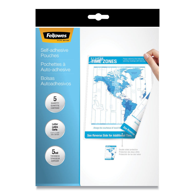 Fellowes Self-Adhesive Laminating Pouches, 5 mil, 9" x 11.5", Gloss Clear, 5/Pack