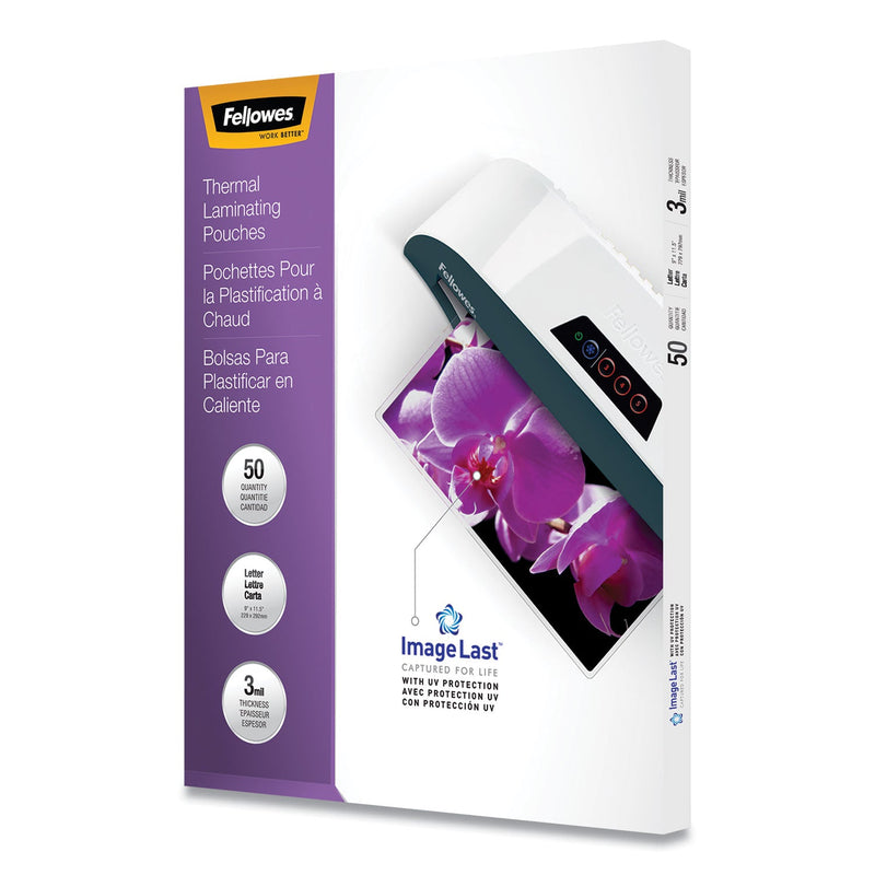 Fellowes ImageLast Laminating Pouches with UV Protection, 3 mil, 9" x 11.5", Clear, 50/Pack
