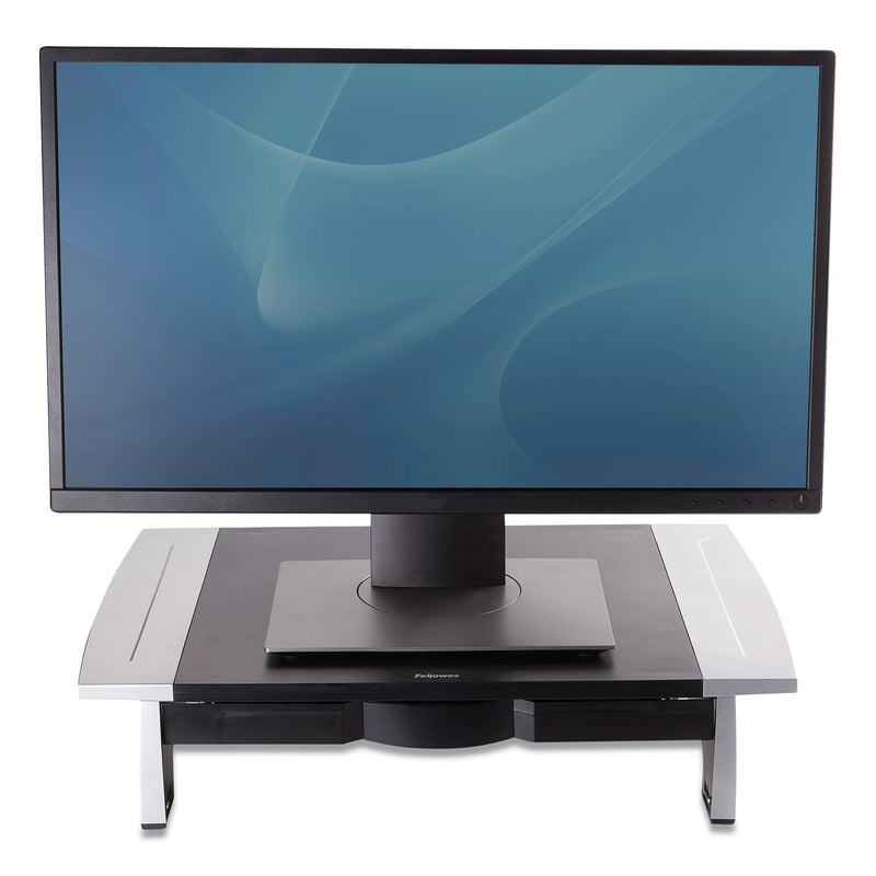 Fellowes Office Suites Standard Monitor Riser, For 21" Monitors, 19.78" x 14.06" x 4" to 6.5", Black/Silver, Supports 80 lbs