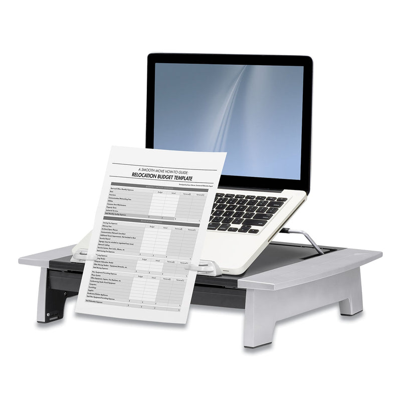 Fellowes Office Suites Monitor Riser Plus, 19.88" x 14.06" x 4" to 6.5", Black/Silver, Supports 80 lbs