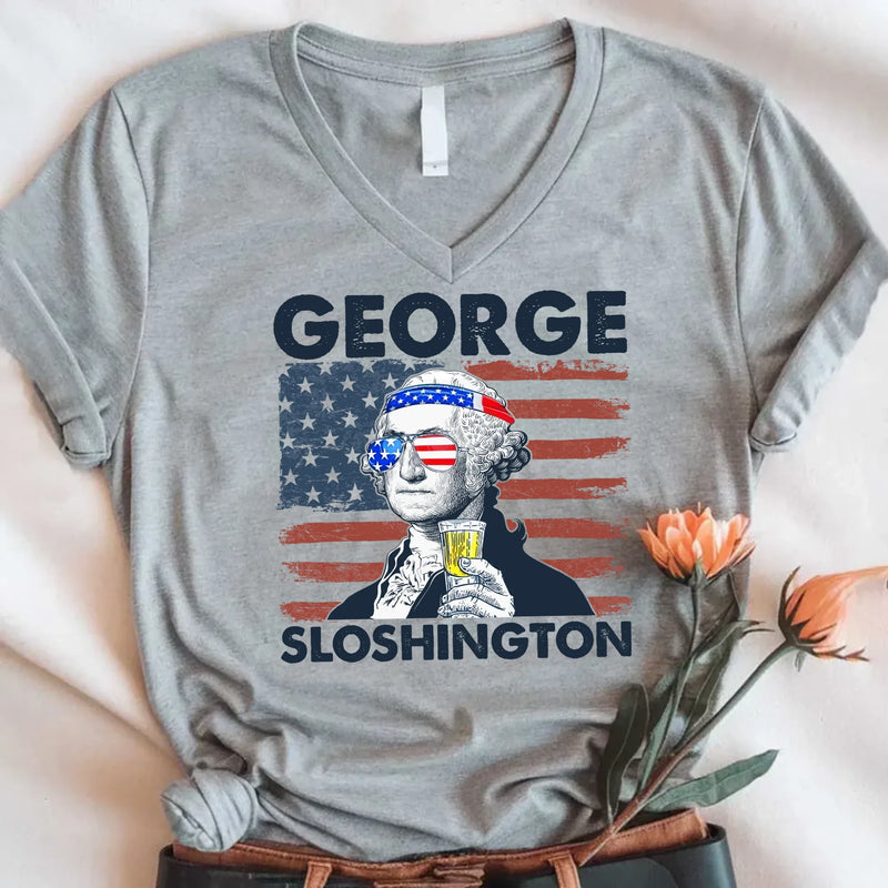 George Sloshington 4th of July Unisex V-Neck Shirt – Washington Drinking Party Tee