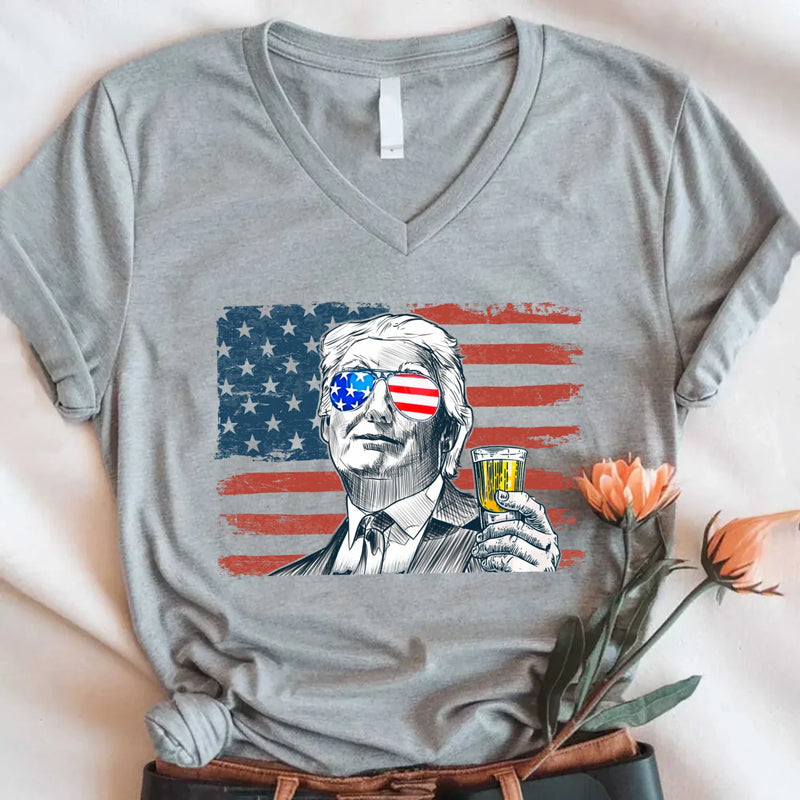 Donald Drunk 4th of July Unisex V-Neck Shirt – Funny Trump Drinking Tee