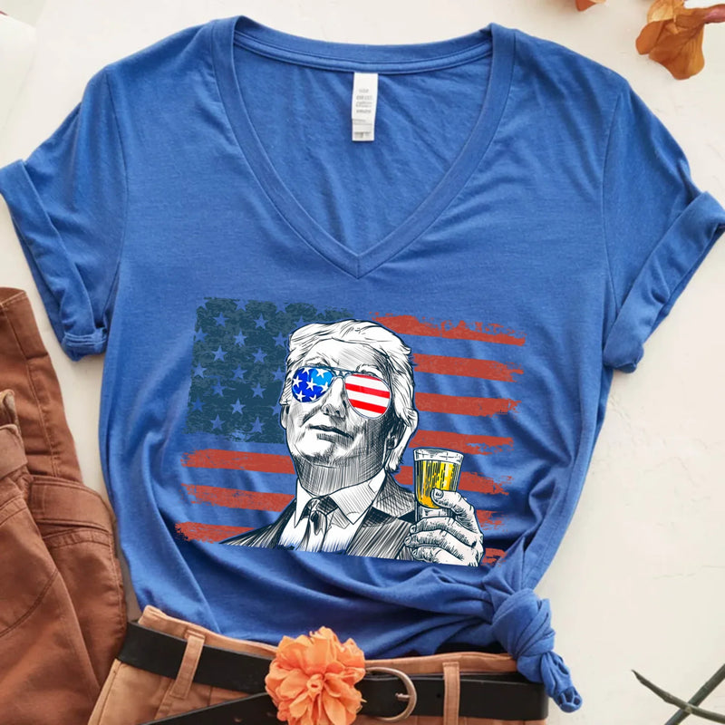 Donald Drunk 4th of July Unisex V-Neck Shirt – Funny Trump Drinking Tee