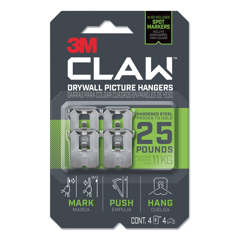 3M Claw Drywall Picture Hanger, Holds 25 lbs, 4 Hooks and 4 Spot Markers, Stainless Steel