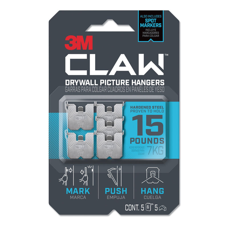 3M Claw Drywall Picture Hanger, Holds 15 lbs, 5 Hooks and 5 Spot Markers, Stainless Steel