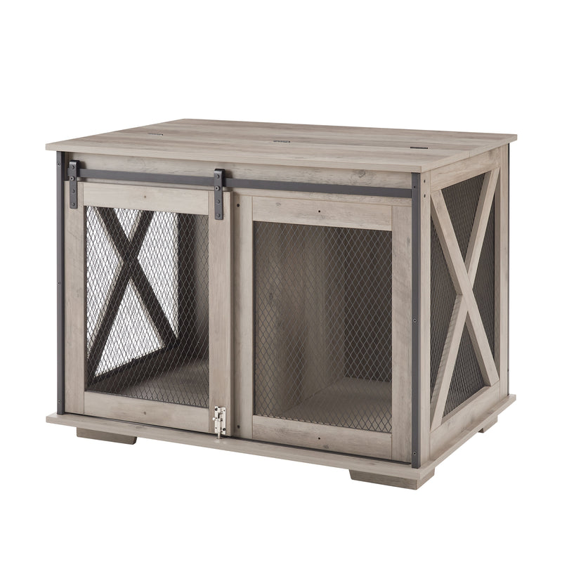 Farmhouse Dog Cage Crate Furniture with Sliding Barn Door,  Farmhouse Wooden Dog Kennel End Table with Flip-top Plate Dog House with Detachable Divider for Small/Medium/Large Dog Gray