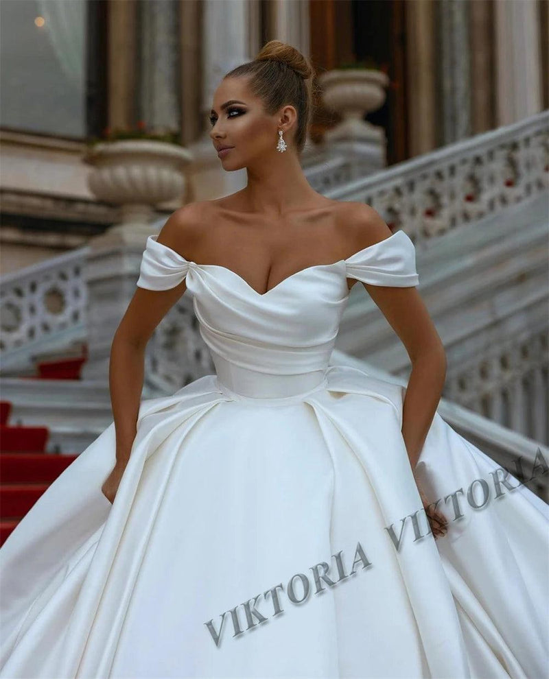 Off-Shoulder Satin Ball Gown Wedding Dress - Princess Style