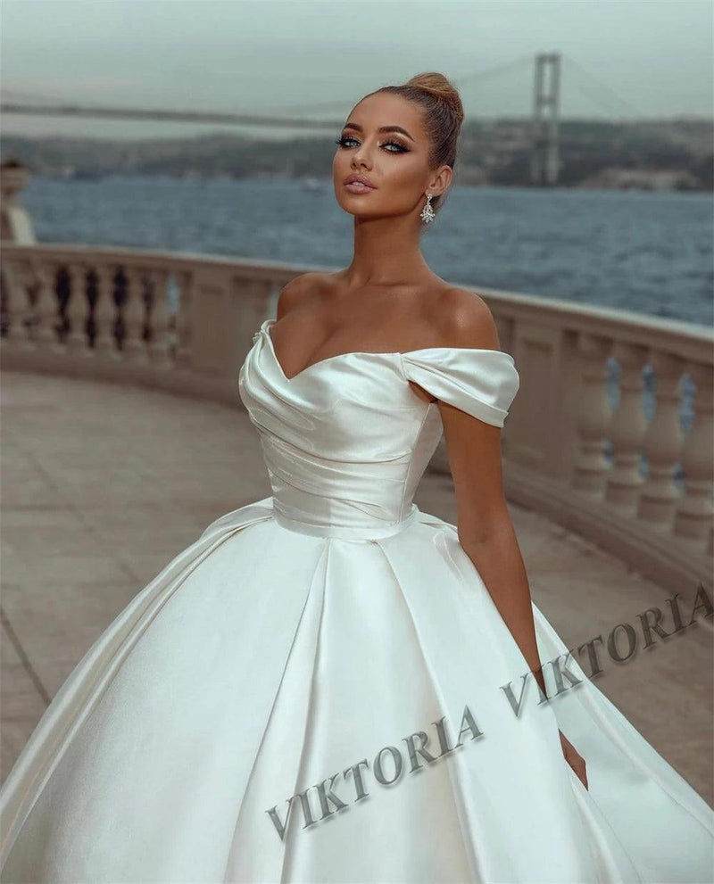 Off-Shoulder Satin Ball Gown Wedding Dress - Princess Style