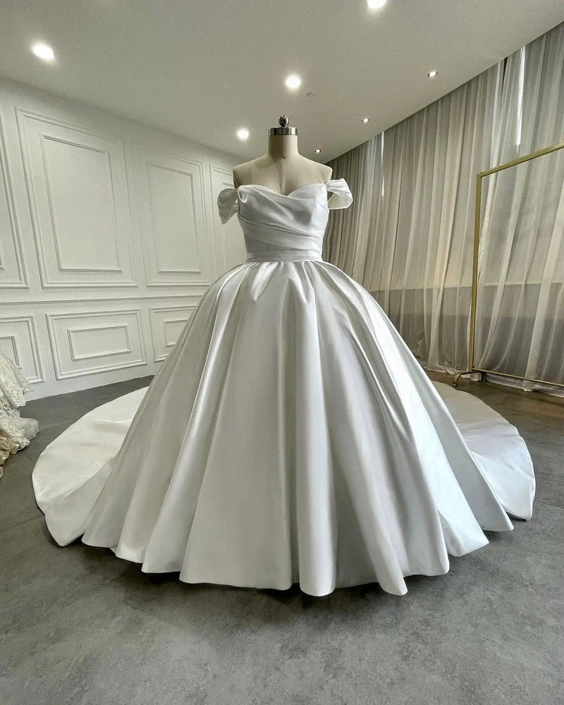 Off-Shoulder Satin Ball Gown Wedding Dress - Princess Style