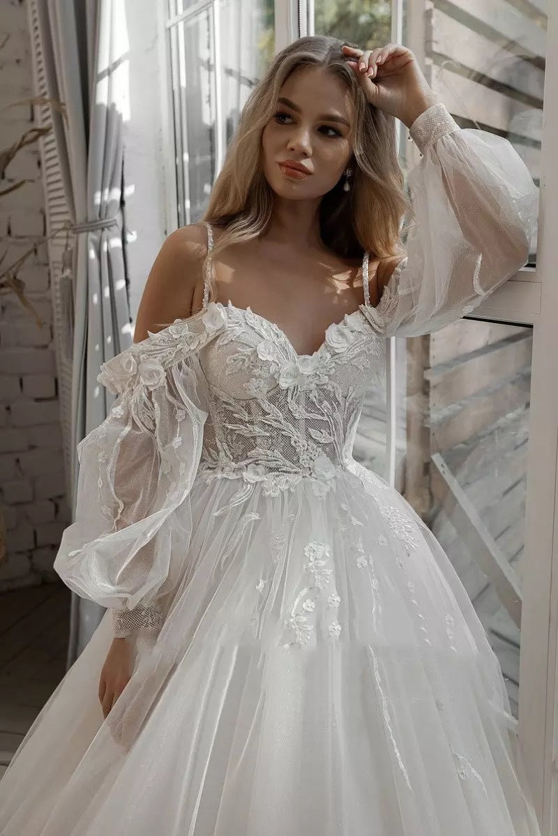 Boho Bride Puff Sleeve Off-Shoulder Wedding Gown