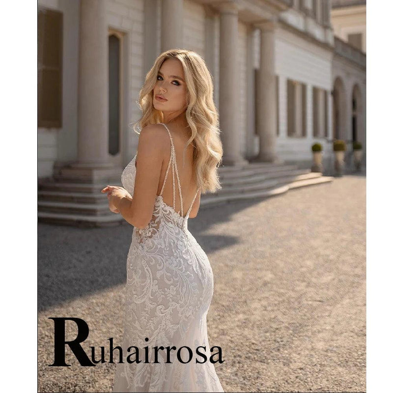 Customizable Mermaid Wedding Dress - Backless Beaded Bridal Gown with V-Neck