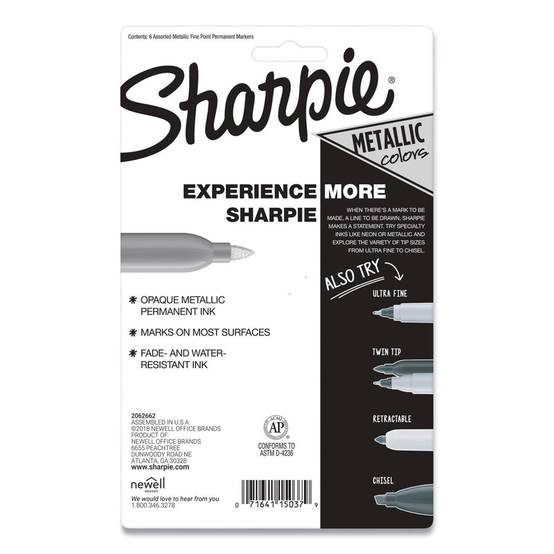Sharpie Metallic Fine Point Permanent Markers, Fine Bullet Tip, Blue-Green-Red, 6/Pack