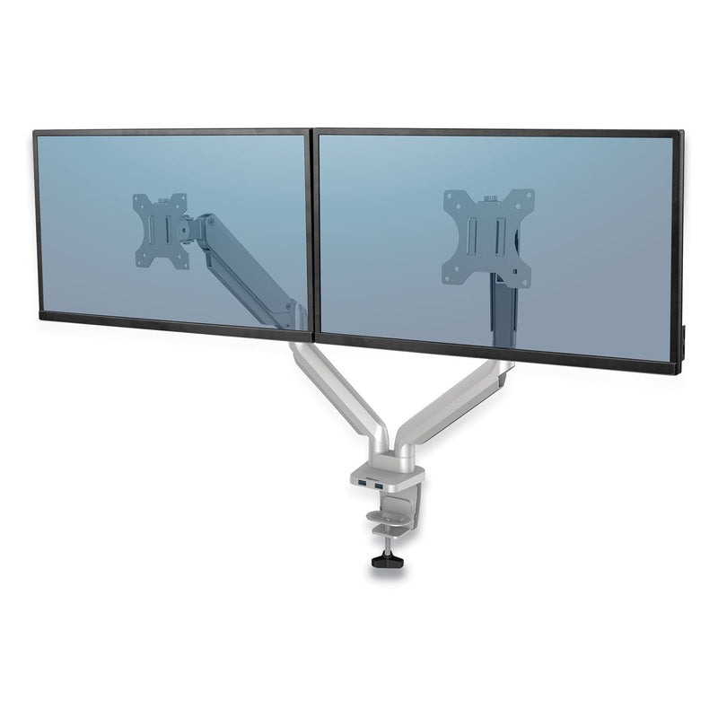 Fellowes Platinum Series Dual Monitor Arm, For 27" Monitors, 360 deg Rotation, 45 deg Tilt, 180 deg Pan, Silver, Supports 20 lb