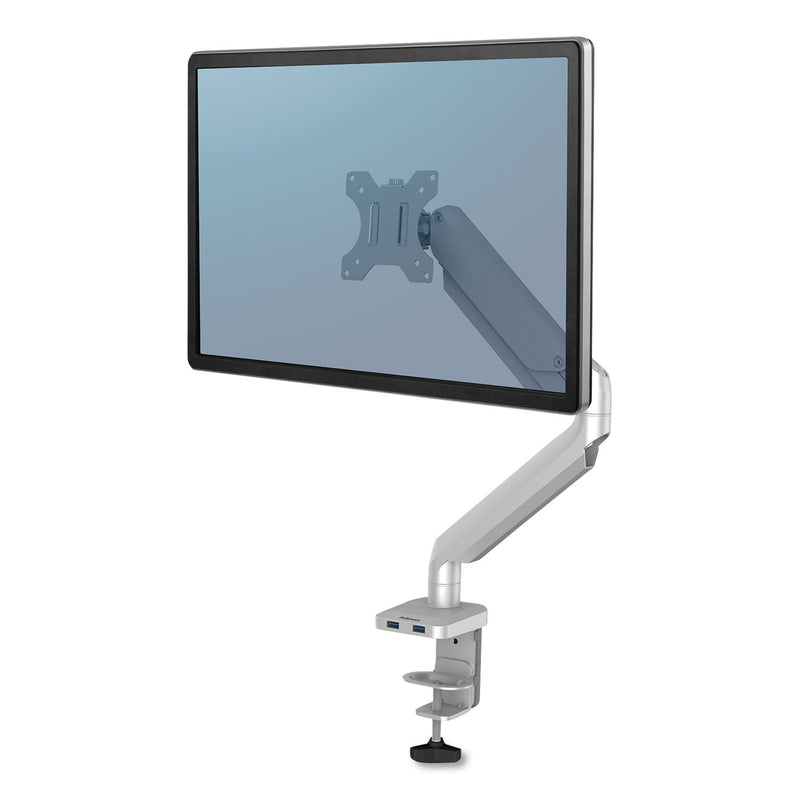 Fellowes Platinum Series Single Monitor Arm, For 27" Monitors, 360 deg Rotation, 45 deg Tilt, 180 deg Pan, Silver, Supports 20 lb