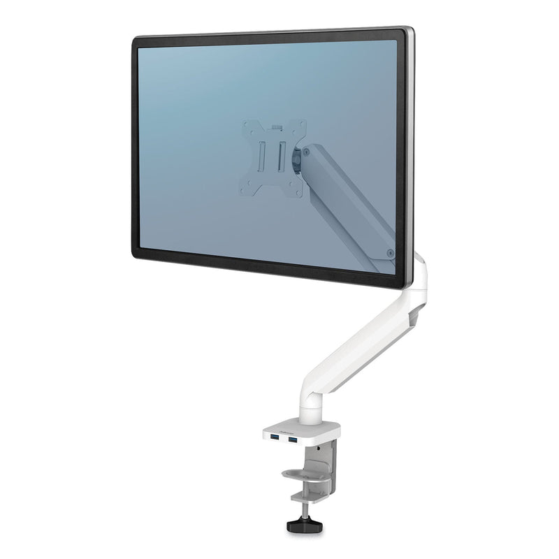 Fellowes Platinum Series Single Monitor Arm, For 27" Monitors, 360 deg Rotation, 45 deg Tilt, 180 deg Pan, White, Supports 20 lb