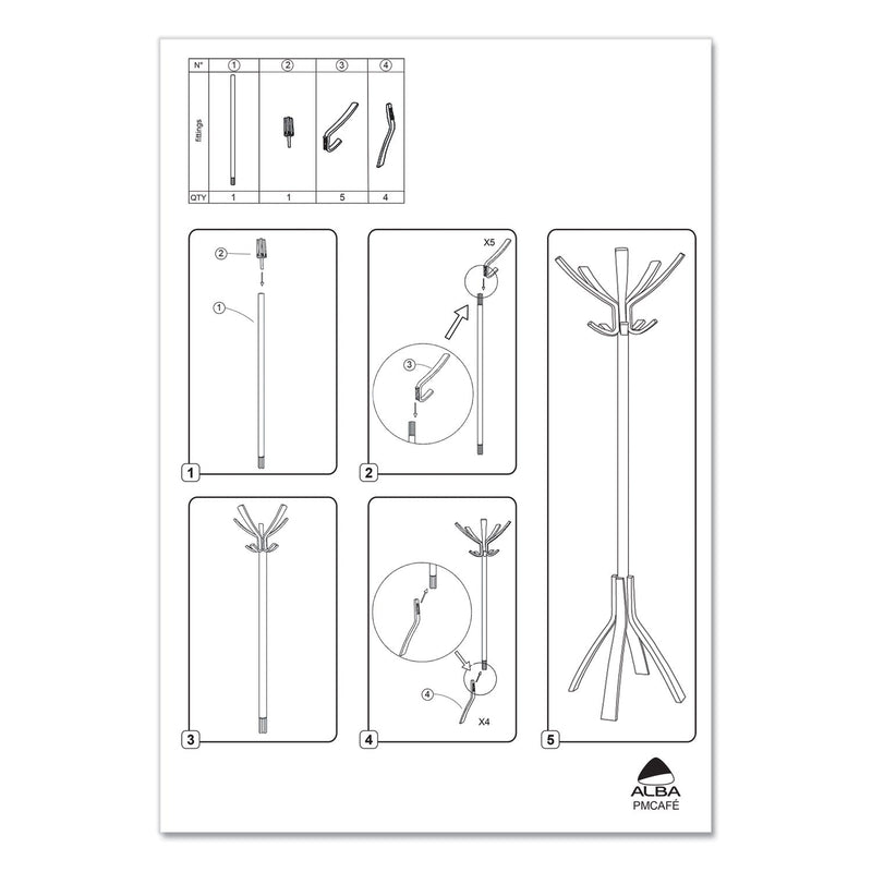 Alba Cafe Wood Coat Stand, Ten Peg/Five Hook, 21.67w x 21.67d x 69.33h, Espresso Brown