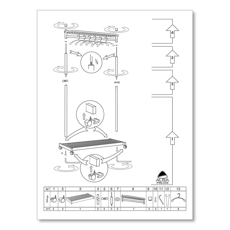 Alba Garment Racks, Two-Sided, 2-Shelf Coat Rack, 6 Hanger/6 Hook, 44.8w x 21.67d x 70.8h, Silver/Wood
