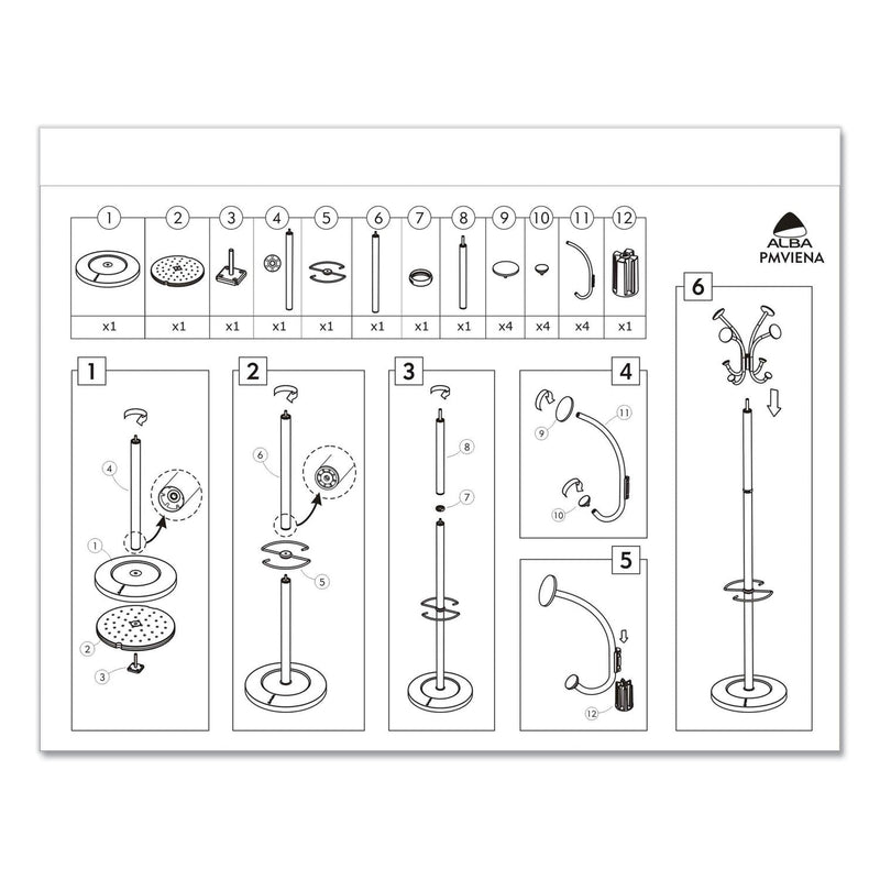 Alba Viena Coat Stand, Eight Knobs, Steel, 16w x 16d x 70.5h, Black