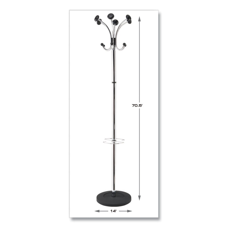 Alba Chromy Coat Stand, 12 Knobs, 16w x 16d x 70.5h, Chrome/Black
