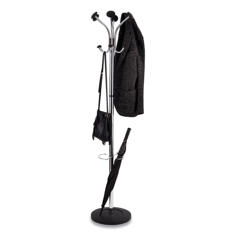 Alba Chromy Coat Stand, 12 Knobs, 16w x 16d x 70.5h, Chrome/Black