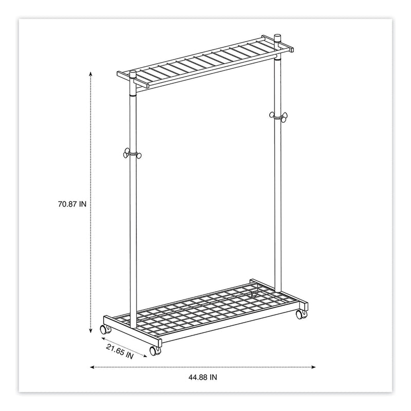 Alba Garment Racks, Two-Sided, 2-Shelf Coat Rack, 6 Hanger/6 Hook, 44.8w x 21.67d x 70.8h, Silver/Wood