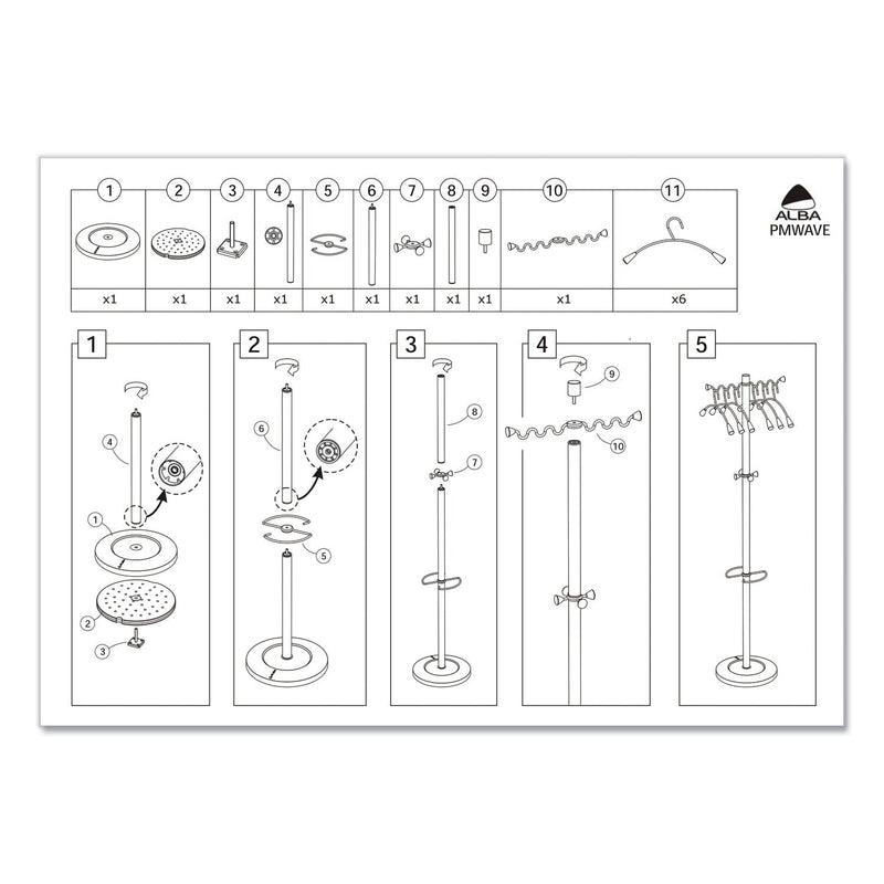 Alba Wavy Coat Tree, Six Hangers/Two Knobs/Four Hooks, 18.88w x 14d x 68.5h, Silver/Wood