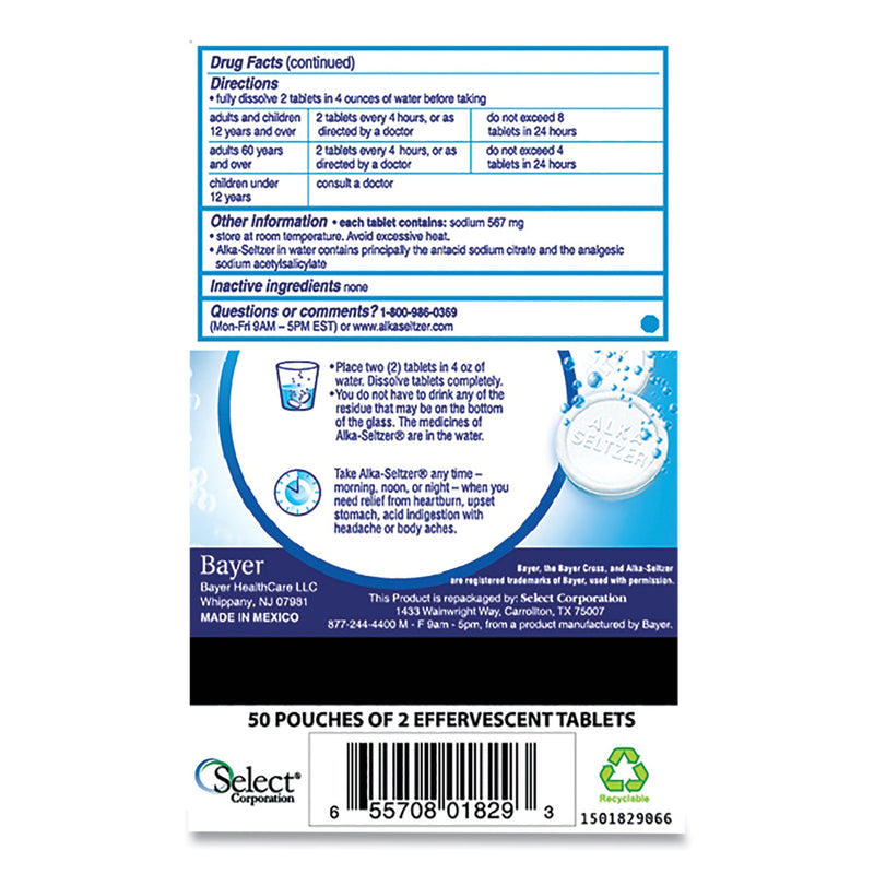 Alka-Seltzer Antacid and Pain Relief Medicine, Two-Pack, 50 Packs/Box