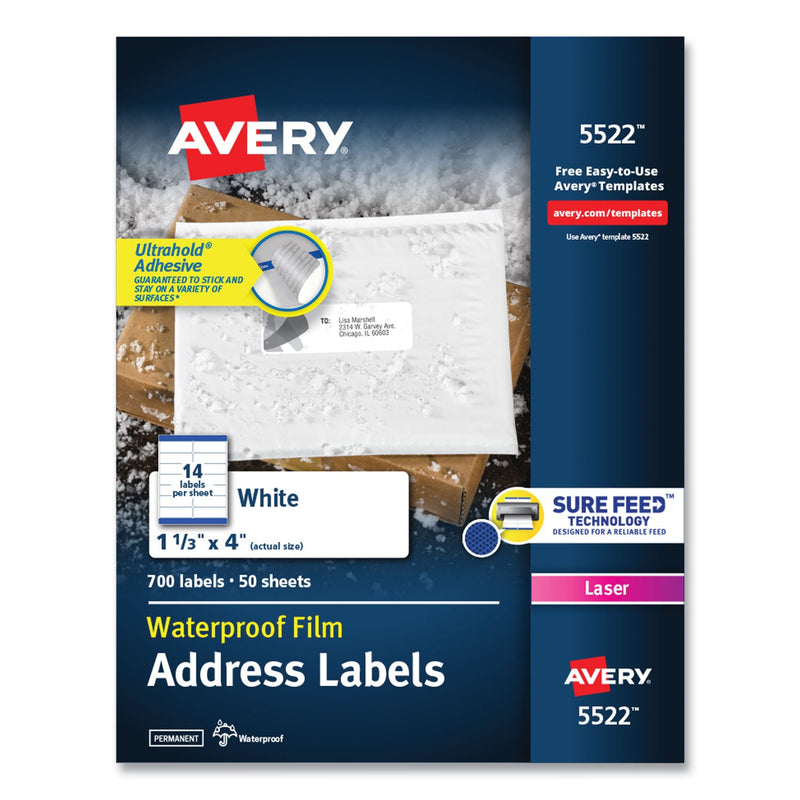Avery Waterproof Address Labels with TrueBlock and Sure Feed, Laser Printers, 1.33 x 4, White, 14/Sheet, 50 Sheets/Pack