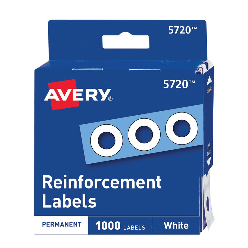Avery Dispenser Pack Hole Reinforcements, 0.25" Dia, White, 1,000/Pack, (5720)
