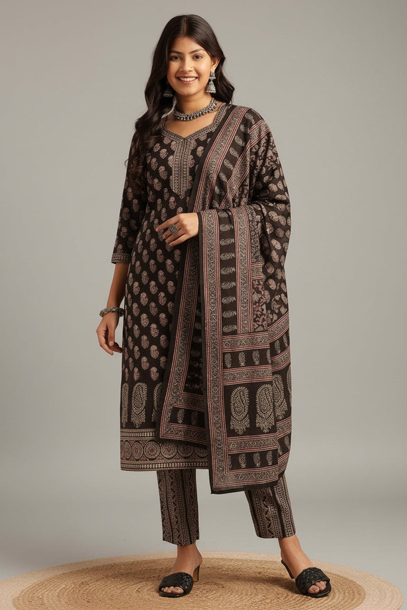 Elegant Black & Beige Printed Kurta Set with Dupatta