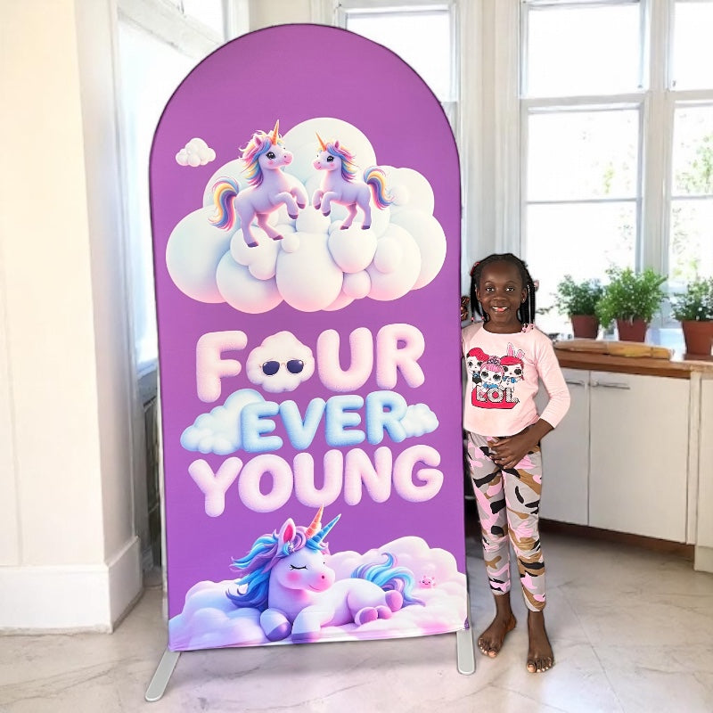 Four Ever Young Fabric Arch Cover - 4th Birthday Party Decor