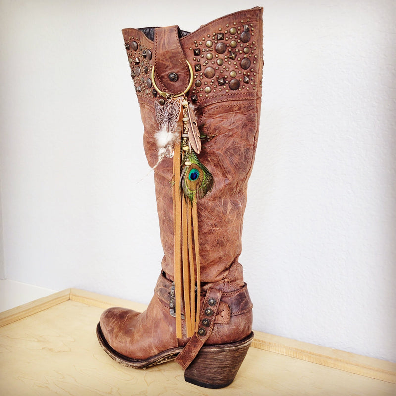 Boho Western Leather Boot Bling Charm Peacock & Butterfly 500i