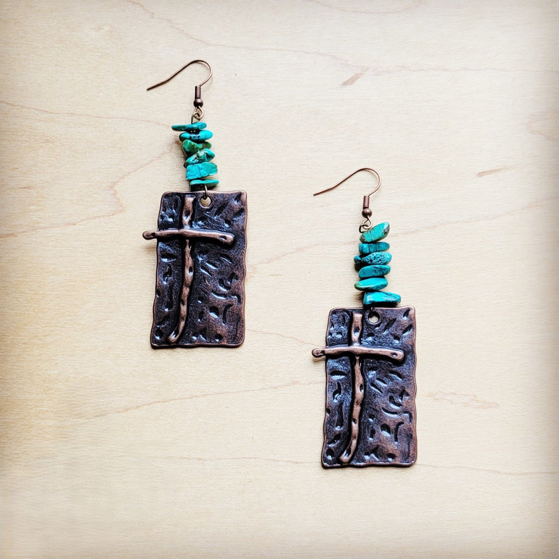Copper Cross Earrings w/ Natural Turquoise Chunks 220n