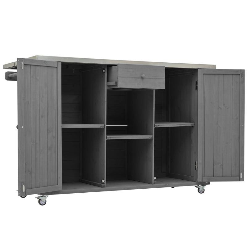 Outdoor Kitchen Island Fir Wood Kitchen Island with Stainless Steel Top, Ample Storage, Towel and Spice Racks, Bottle Opener, Grey