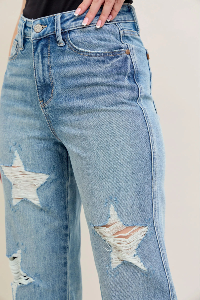 Judy Blue Full Size High Waist  Rigid Magic Star Shaped Destroy 90's Straight Jeans Plus Size