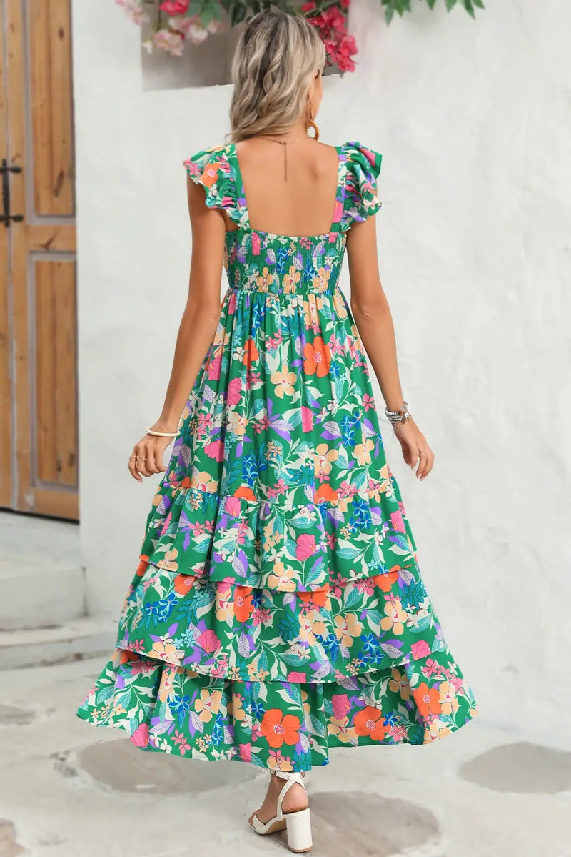 Floral Ruffle Green Tiered Maxi Dress