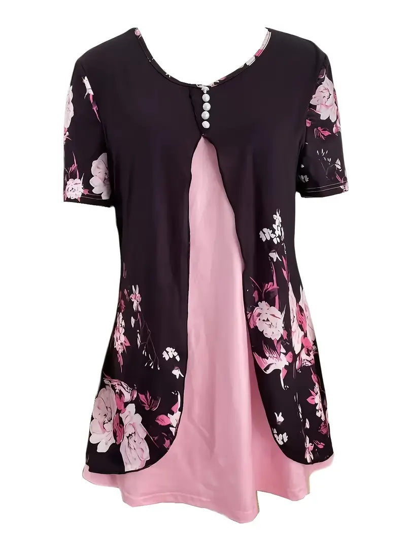 Summer New Short-sleeved Printed Fake Two-piece T-shirt V-neck Fashion Spike Top