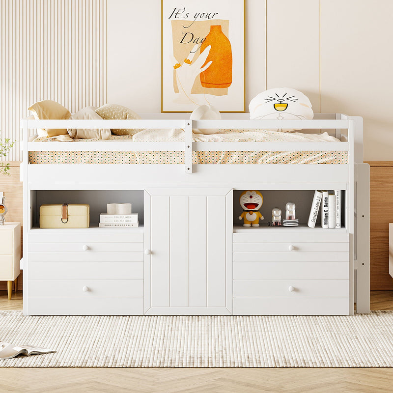 Loft Bed With 4 Drawers, Underneath Cabinet And Shelves