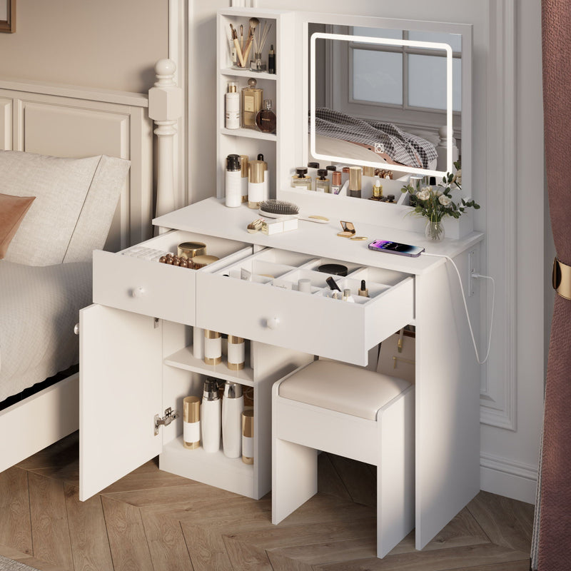 Fashion Vanity Desk With Mirror And Adjustable Lights, Makeup Table Set With 2 Drawers - White