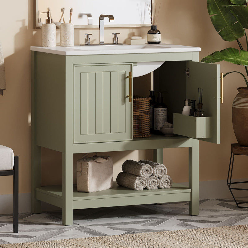 Elegant Bathroom Vanity With Ceramic Sink And Versatile Storage