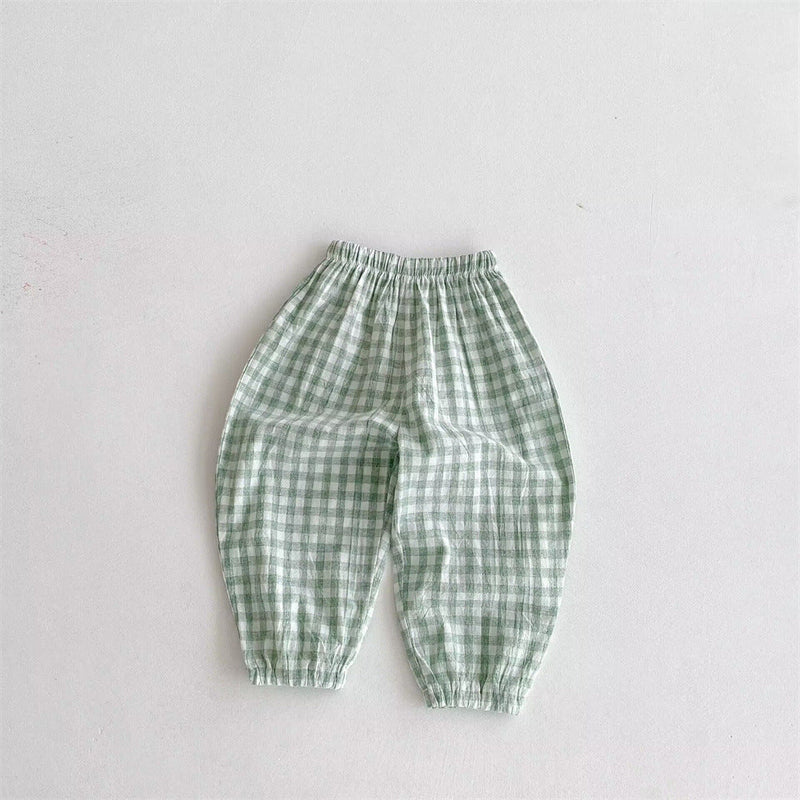 Ins Summer Children's Plaid Trousers Thin Linen Style